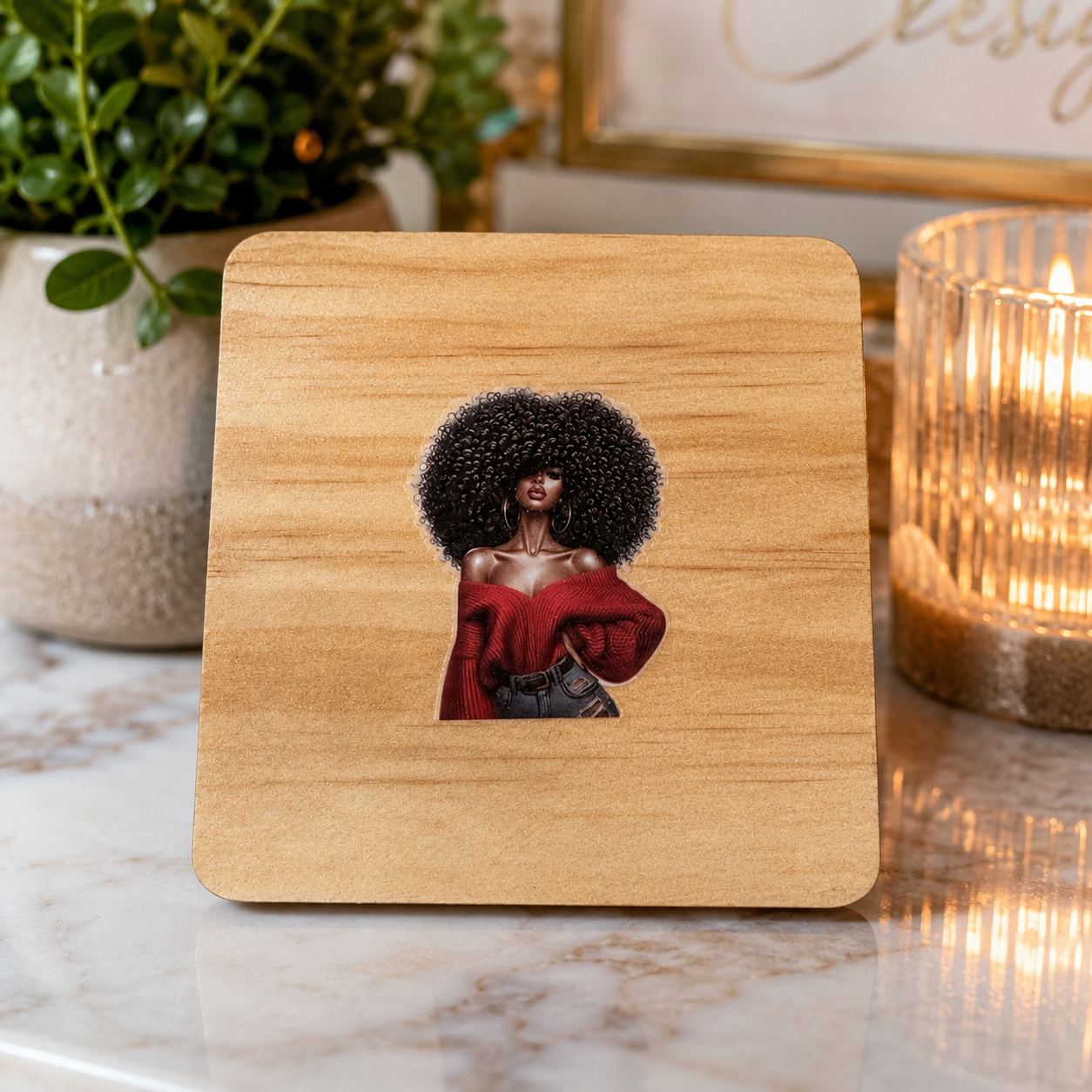 Wooden Coaster Red Sweater 1