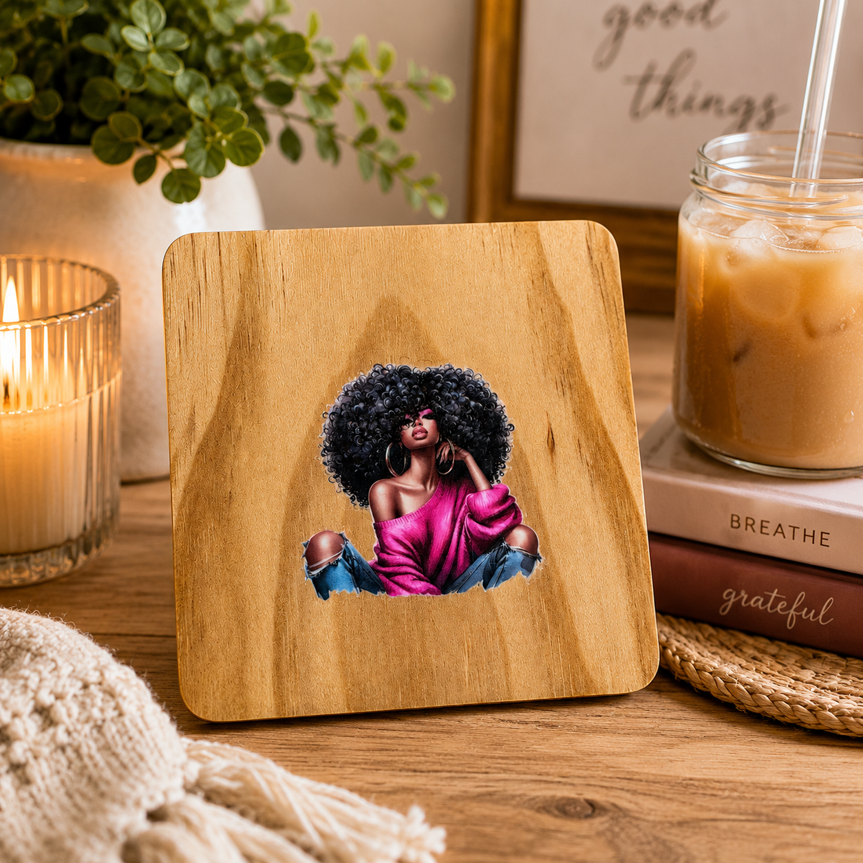 Afro Chic Wooden Coaster pink 1