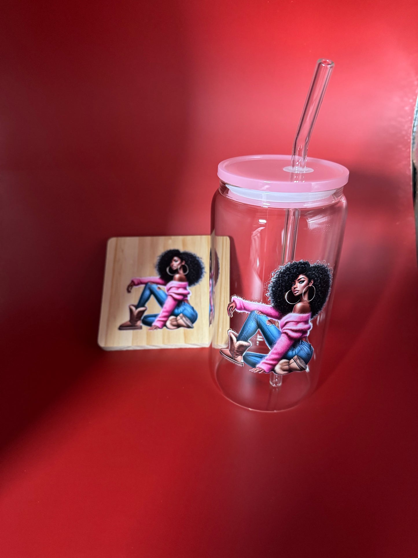 Pretty in Pink Glass Can + FREE Matching Wooden Coaster