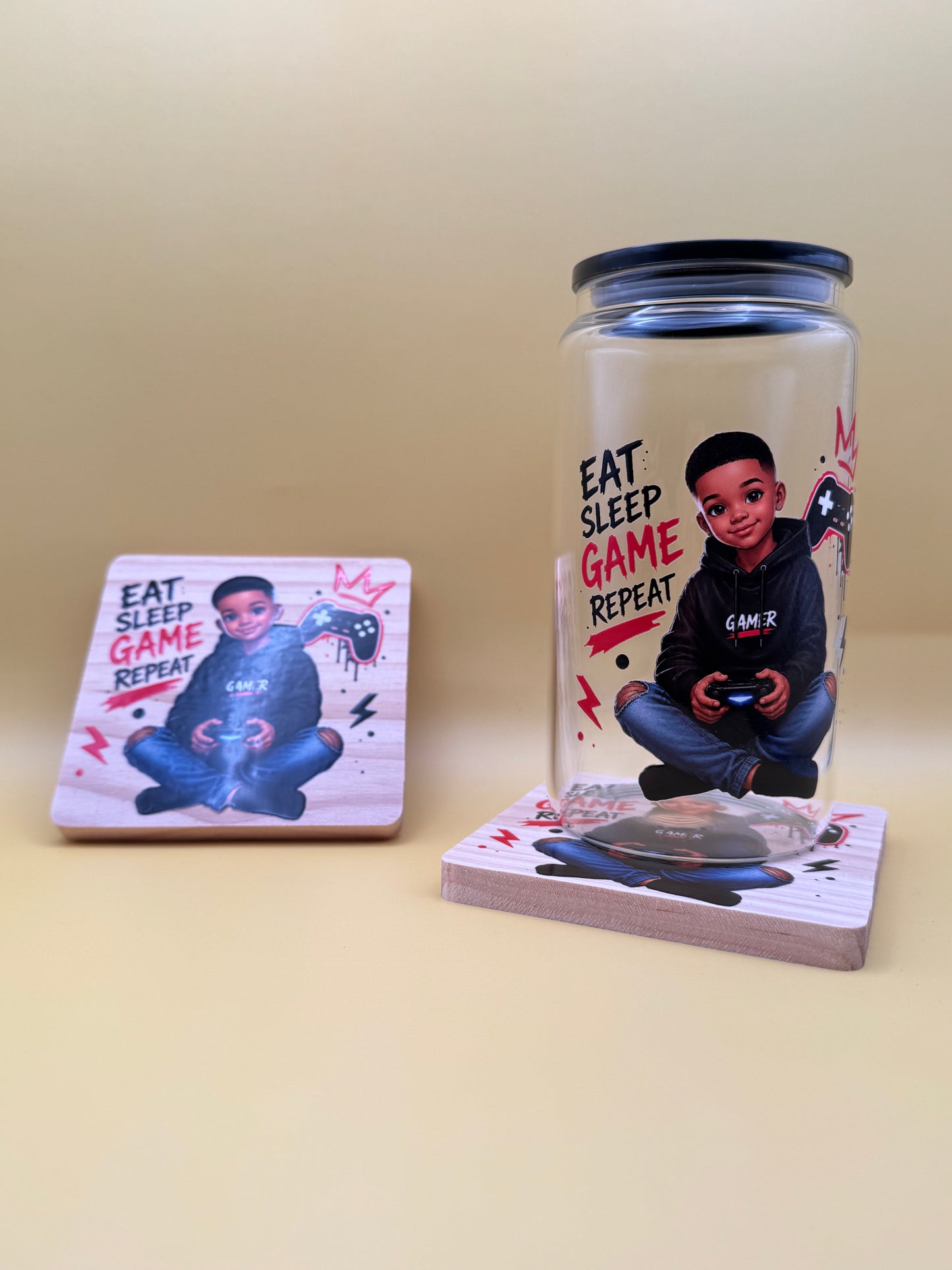 Boy - Eat. Sleep. Game. Repeat Glass Can & Coaster Set