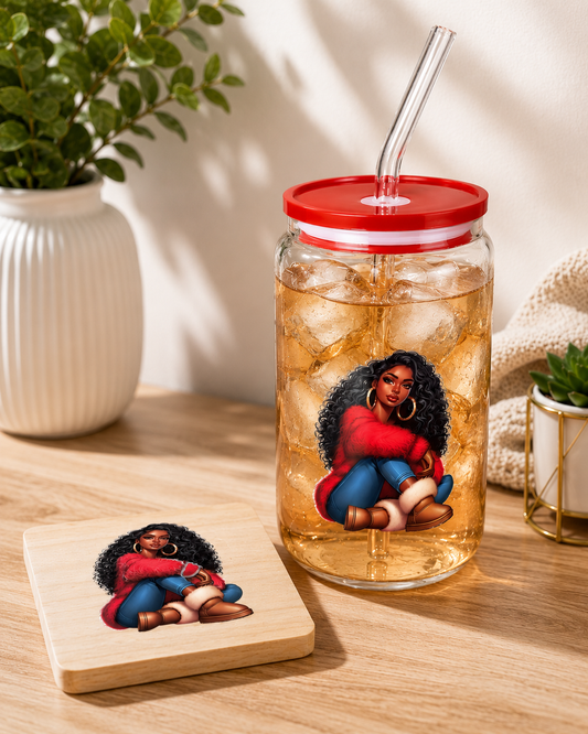 Cozy Winter Queen Glass Can Gift Set, 16 oz Glass Can with Straw + FREE Matching Wooden Coaster