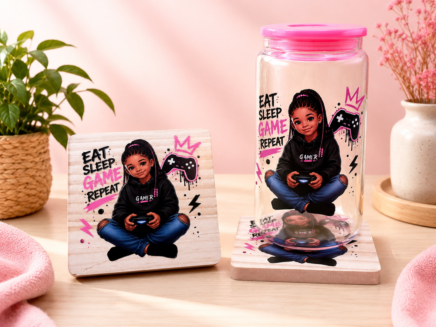 Girl - Eat. Sleep. Game. Repeat Glass Can & Coaster Set