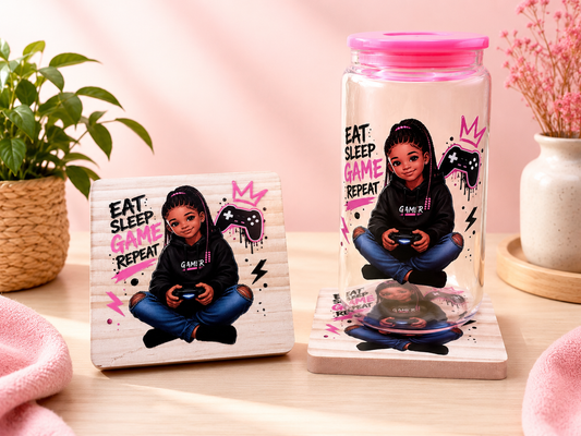 Girl - Eat. Sleep. Game. Repeat Glass Can & Coaster Set