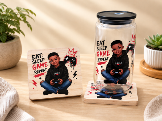 Boy - Eat. Sleep. Game. Repeat Glass Can & Coaster Set