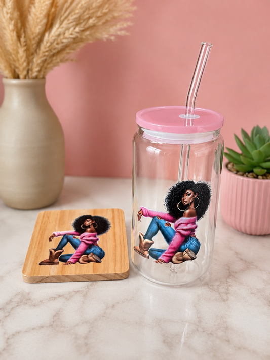 Pretty in Pink Glass Can + FREE Matching Wooden Coaster