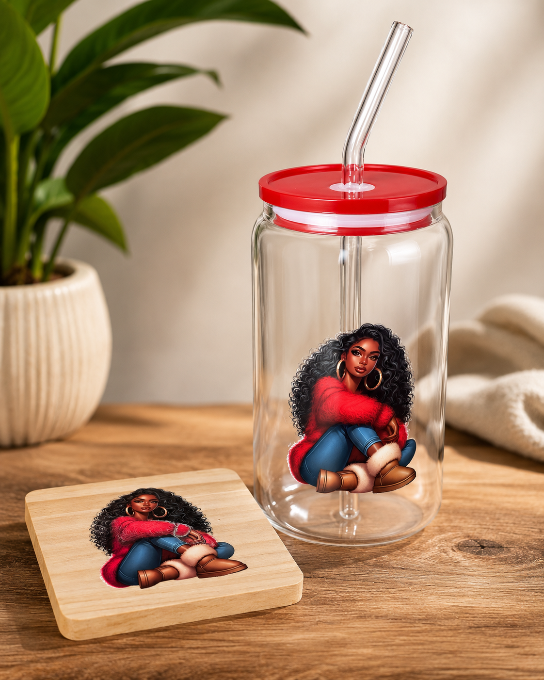 Cozy Winter Queen Glass Can Gift Set, 16 oz Glass Can with Straw + FREE Matching Wooden Coaster
