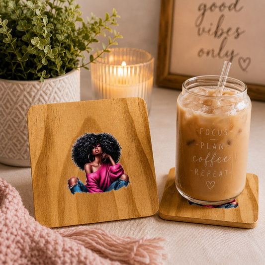 Afro Chic Wooden Coaster pink 1