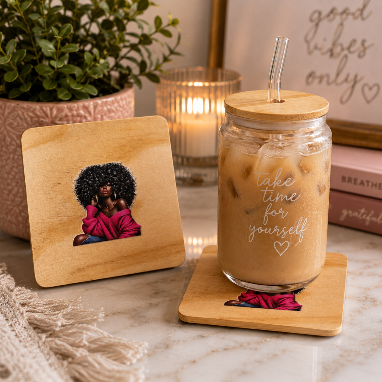Afro Chic Wooden Coaster pink 2