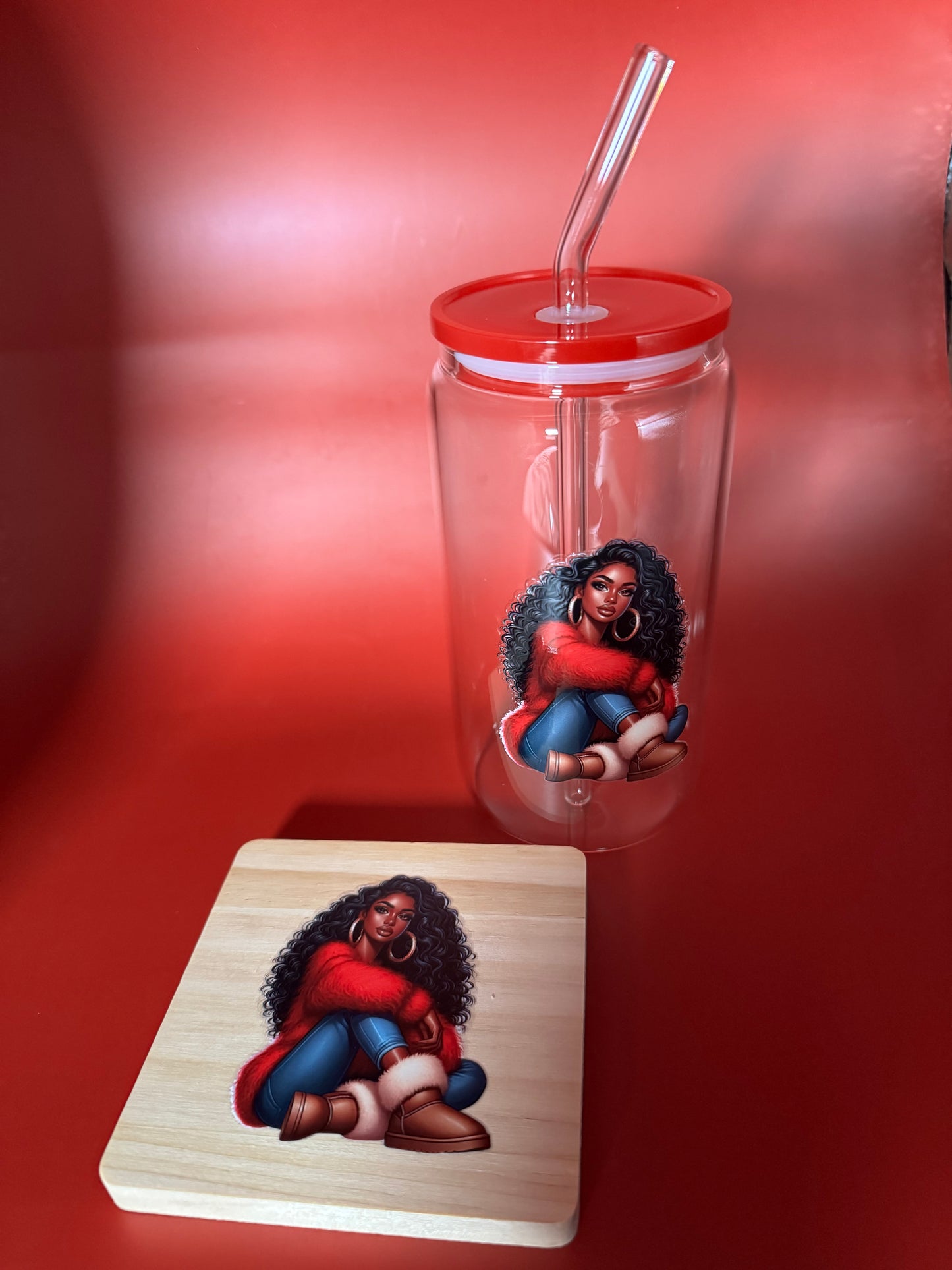 Cozy Winter Queen Glass Can Gift Set, 16 oz Glass Can with Straw + FREE Matching Wooden Coaster